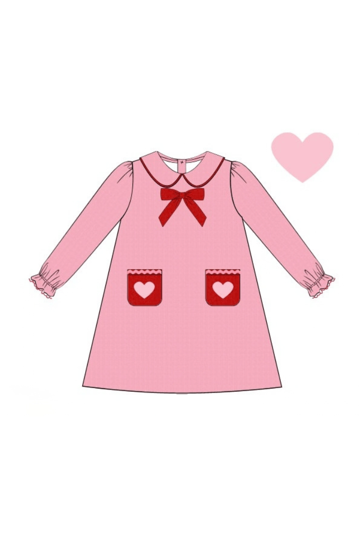 The Smocked Flamingo Apparel & Accessories Embroidered Heart Pink and Red Corduroy Dress