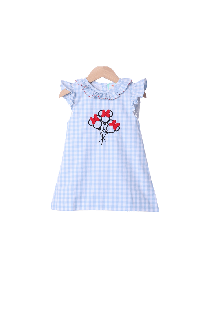 The Smocked Flamingo Apparel & Accessories Embroidered Magical Balloon Blue Gingham Ruffle Dress