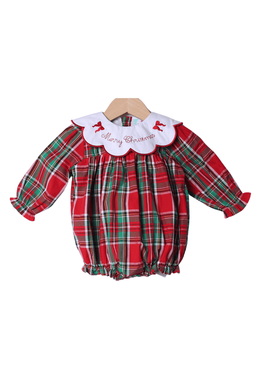 The Smocked Flamingo Apparel & Accessories Embroidered Merry Christmas Plaid Bubble