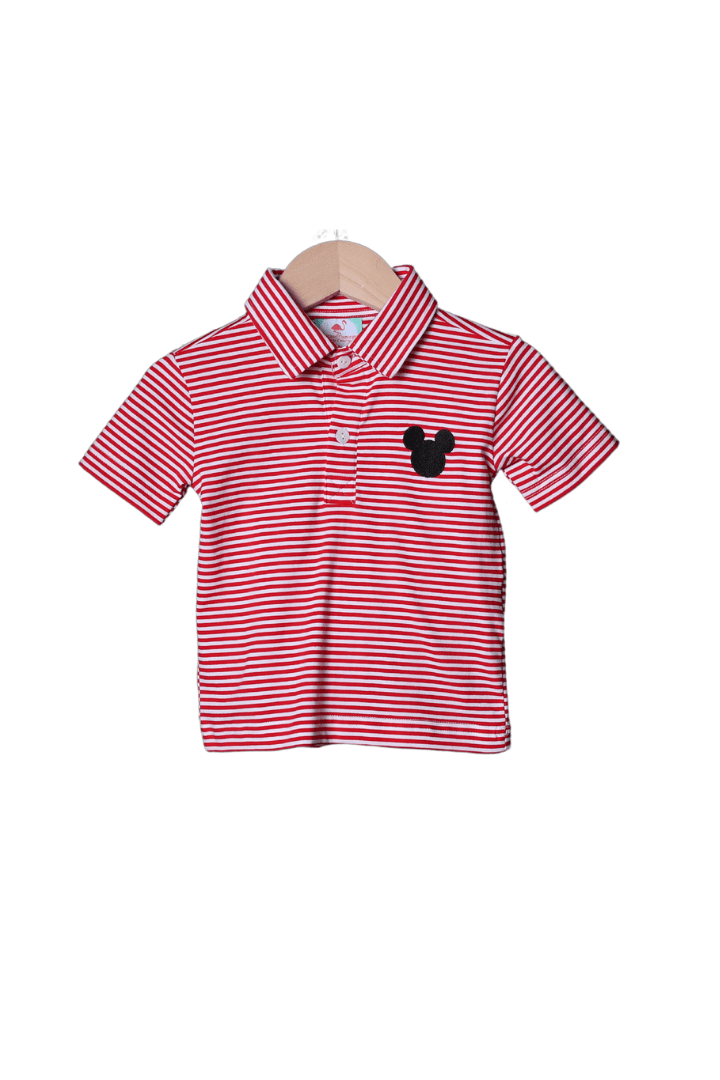 The Smocked Flamingo Apparel & Accessories Embroidered Mouse Red Stripe Polo Shirt