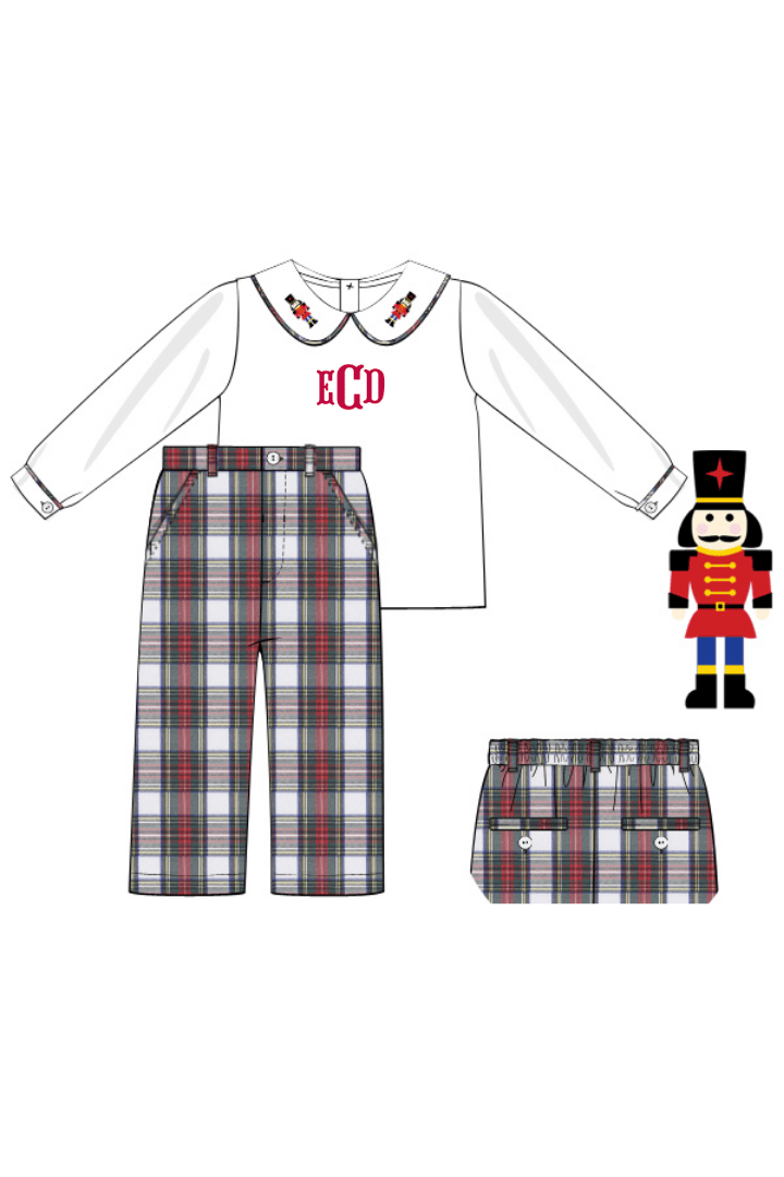 The Smocked Flamingo Apparel & Accessories Embroidered Nutcracker Tartan Plaid Pant Set