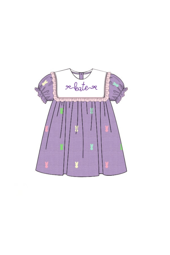 The Smocked Flamingo Apparel & Accessories Embroidered Peep Lavender Linen Bib Dress