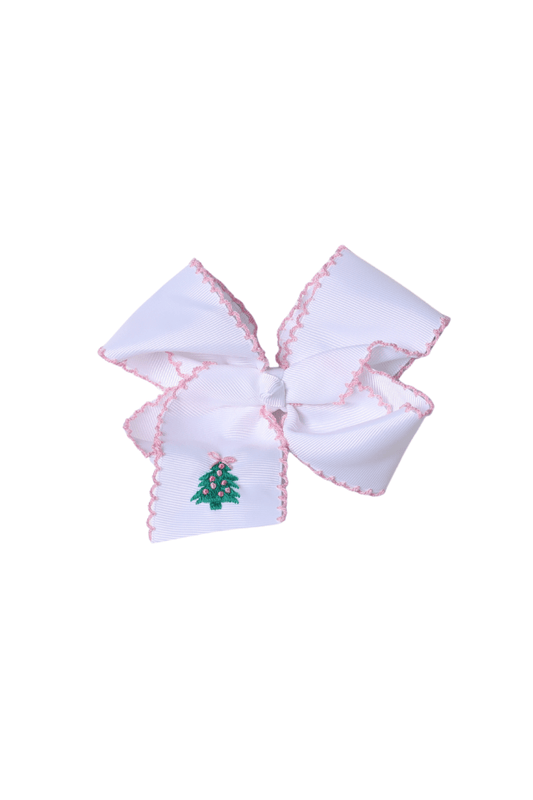 The Smocked Flamingo Apparel & Accessories Embroidered Pink Christmas Tree Grosgrain Bow
