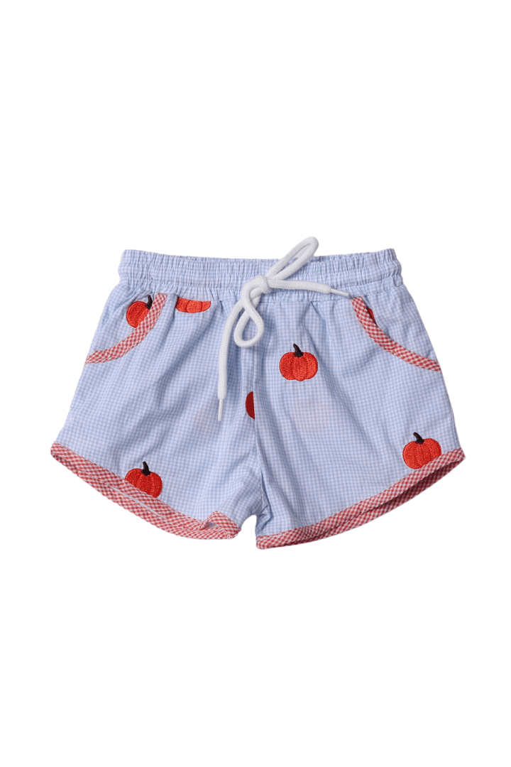 The Smocked Flamingo Apparel & Accessories Embroidered Pumpkin Blue Gingham Short Set