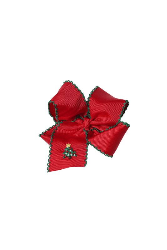 The Smocked Flamingo Apparel & Accessories Embroidered Red Christmas Tree Grosgrain Bow