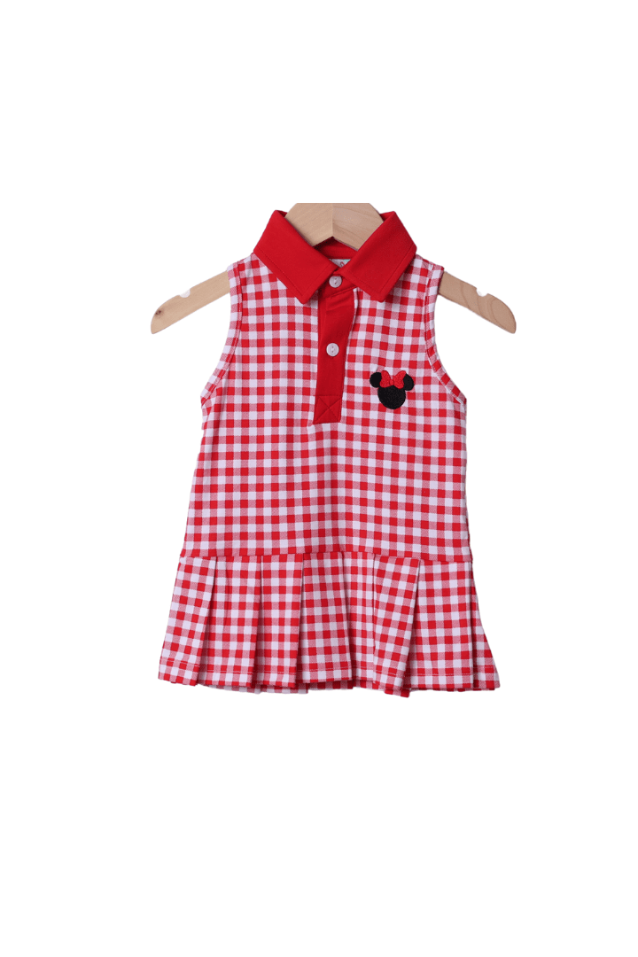 The Smocked Flamingo Apparel & Accessories Embroidered Red Gingham Mouse Tennis/Park Dress