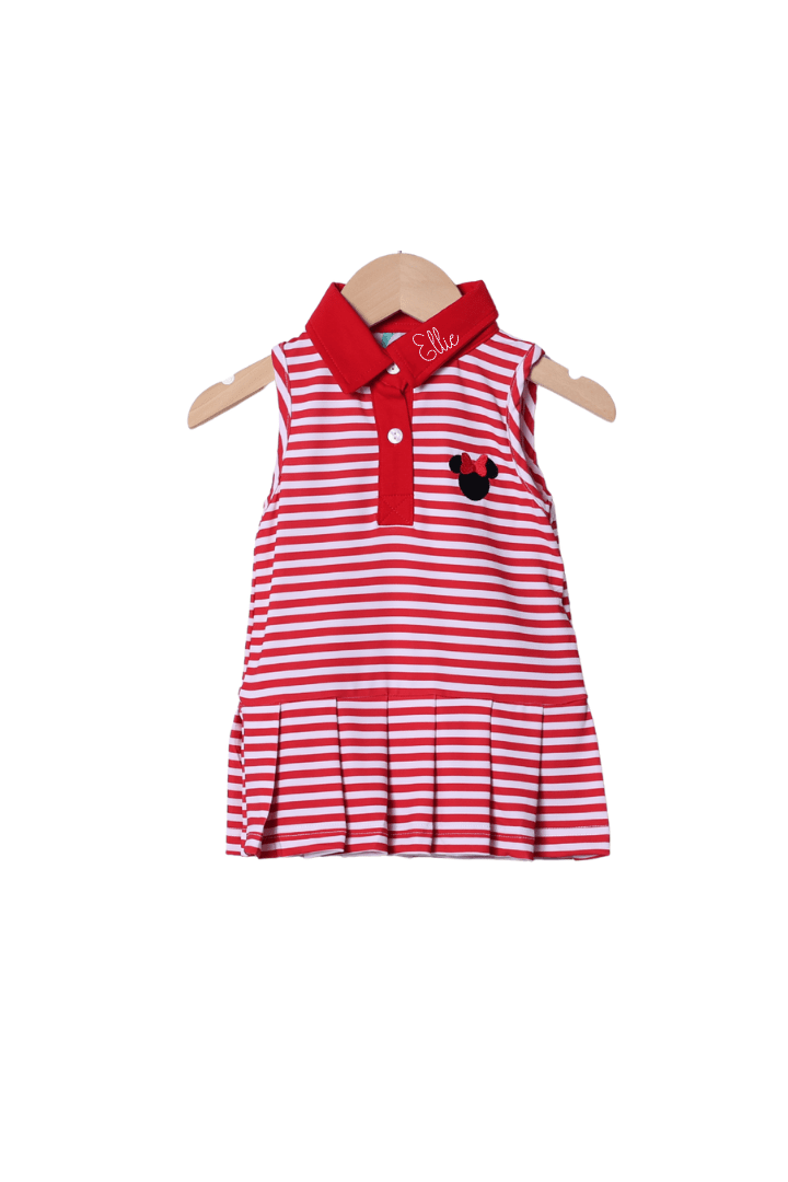 The Smocked Flamingo Apparel & Accessories Embroidered Red Stripe Mouse Park Dress