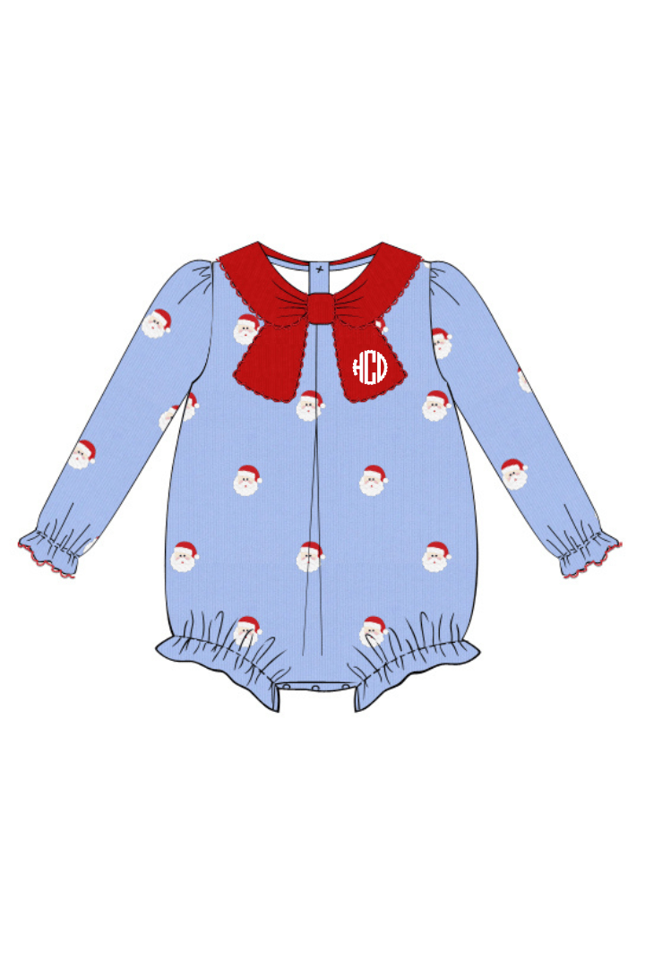 The Smocked Flamingo Apparel & Accessories Embroidered Santa Blue Corduroy Bow Bubble