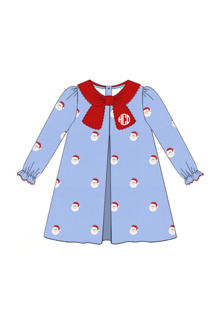 The Smocked Flamingo Apparel & Accessories Embroidered Santa Blue Corduroy Bow Dress