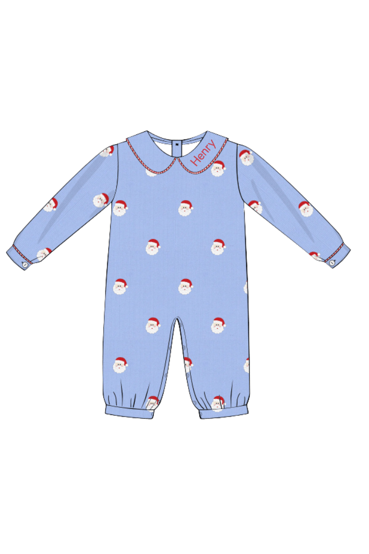 The Smocked Flamingo Apparel & Accessories Embroidered Santa Blue Corduroy/Red Gingham Romper