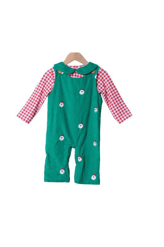 The Smocked Flamingo Apparel & Accessories Embroidered Santa Green Corduroy 2pc Longall Set
