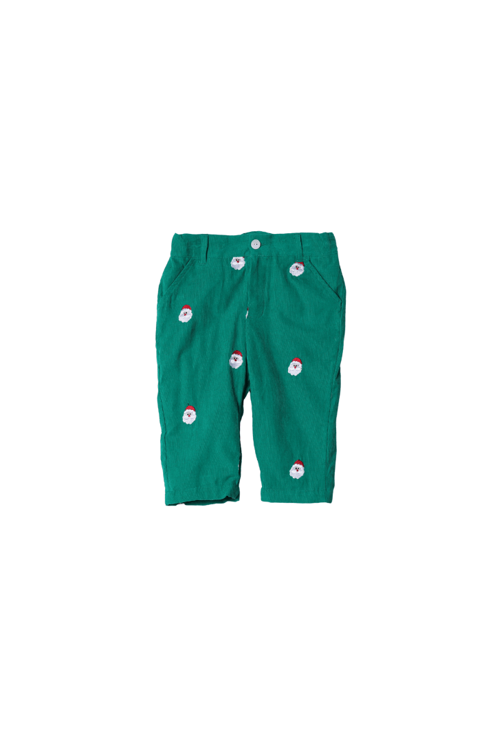 The Smocked Flamingo Apparel & Accessories Embroidered Santa Green Corduroy Pant Set