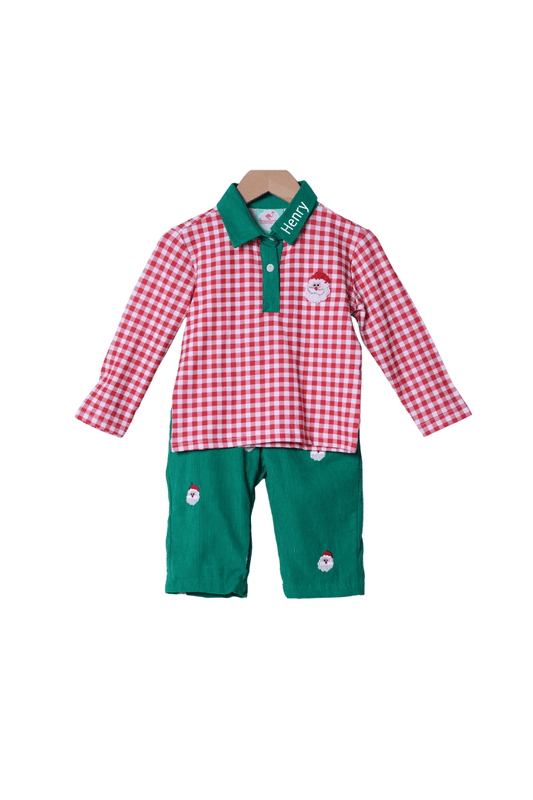 The Smocked Flamingo Apparel & Accessories Embroidered Santa Green Corduroy Pant Set