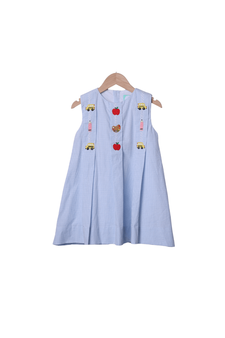 The Smocked Flamingo Apparel & Accessories Embroidered School Days Blue Gingham Dress
