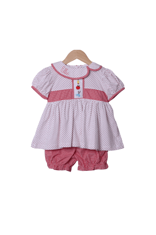 The Smocked Flamingo Apparel & Accessories Embroidered School Supplies Red Bitty Dot Bloomer Set