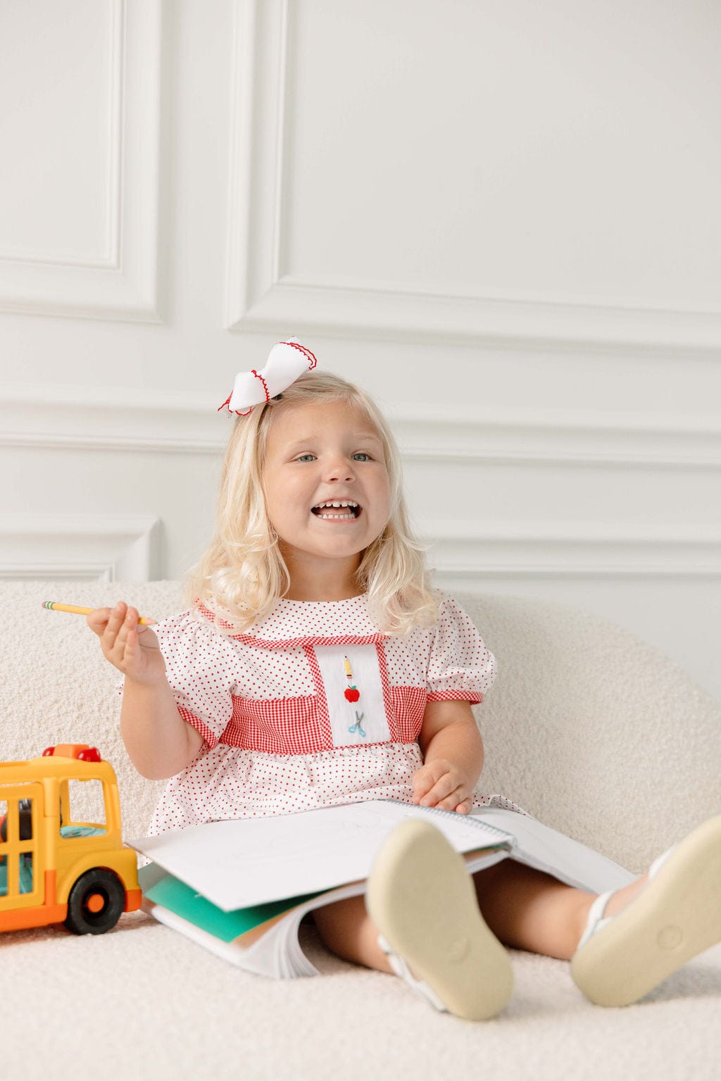 The Smocked Flamingo Apparel & Accessories Embroidered School Supplies Red Bitty Dot Bloomer Set