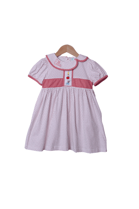 The Smocked Flamingo Apparel & Accessories Embroidered School Supplies Red Bitty Dot Dress