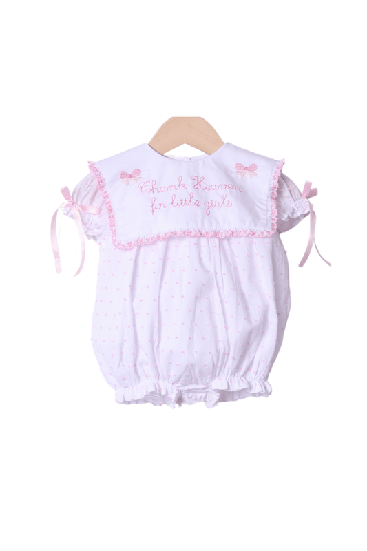 The Smocked Flamingo Apparel & Accessories Embroidered Thank Heavens for Little Girls Pink Swiss Dot Bubble