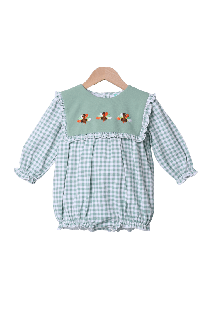 The Smocked Flamingo Apparel & Accessories Embroidered Turkey Sage Green Gingham Bubble