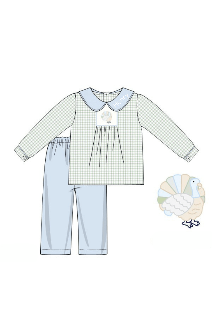 The Smocked Flamingo Apparel & Accessories Embroidered Turkey Sage Windowpane/Blue Linen Pant Set