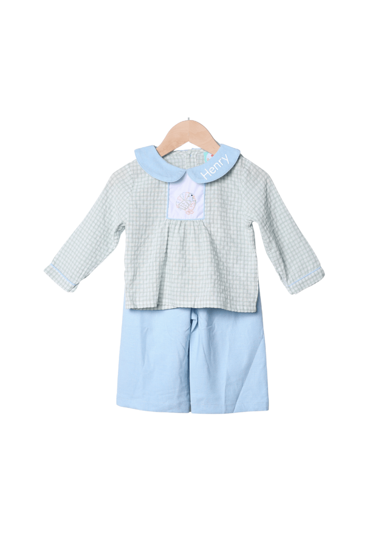 The Smocked Flamingo Apparel & Accessories Embroidered Turkey Sage Windowpane/Blue Linen Pant Set
