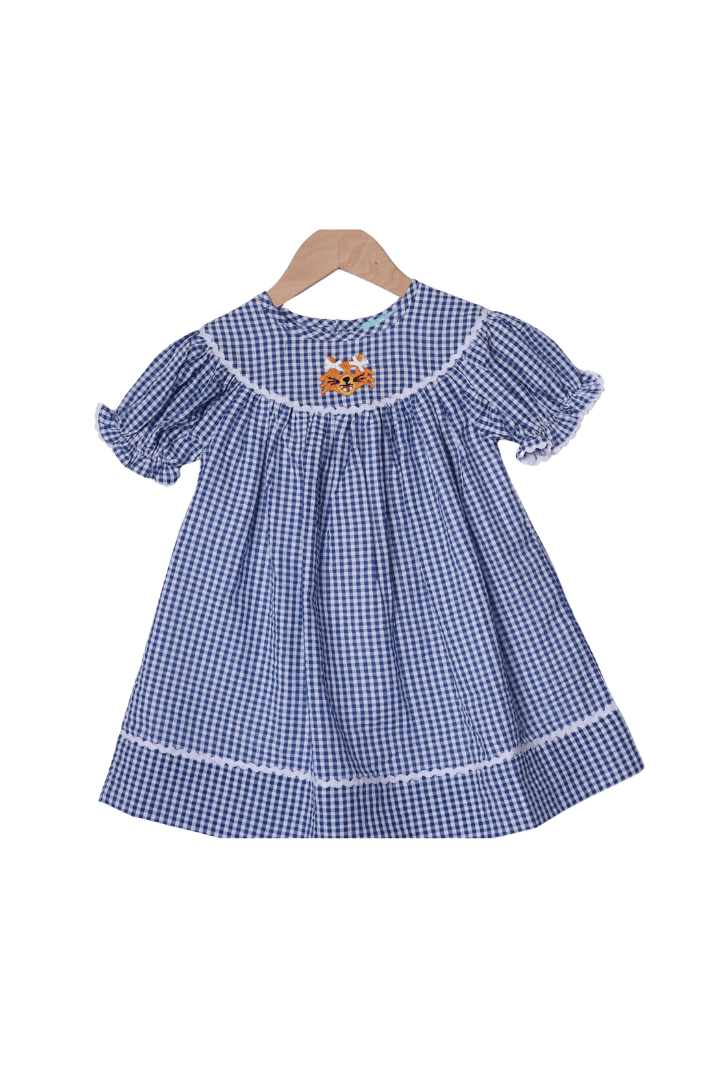 The Smocked Flamingo Apparel & Accessories Embroidered Wildcat Blue Gingham Dress