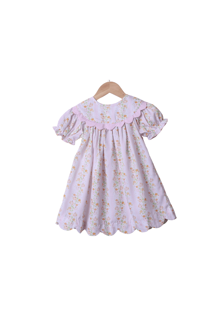 The Smocked Flamingo Apparel & Accessories Floral Pumpkins with Gingham Scalloped Trim Dress