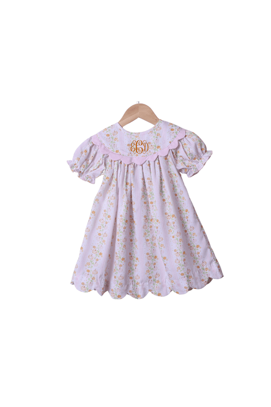 The Smocked Flamingo Apparel & Accessories Floral Pumpkins with Gingham Scalloped Trim Dress