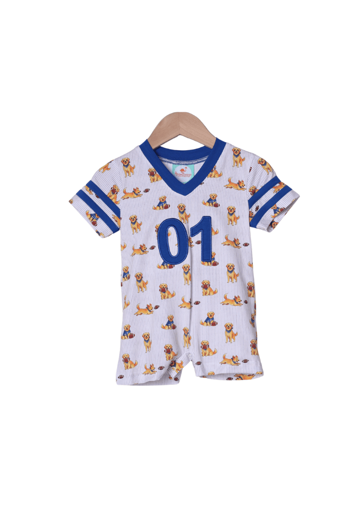 The Smocked Flamingo Apparel & Accessories Football Pup Blue and White Jersey Short Romper