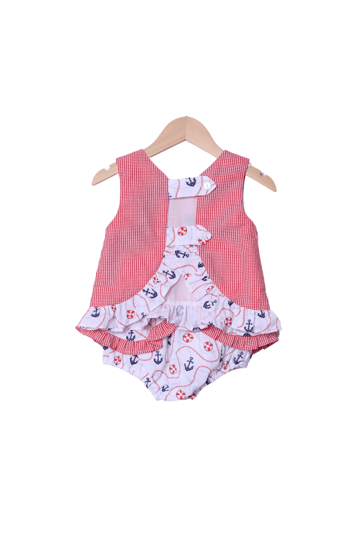 The Smocked Flamingo Apparel & Accessories French Knot Anchor's Away Ruffle Bloomer Set