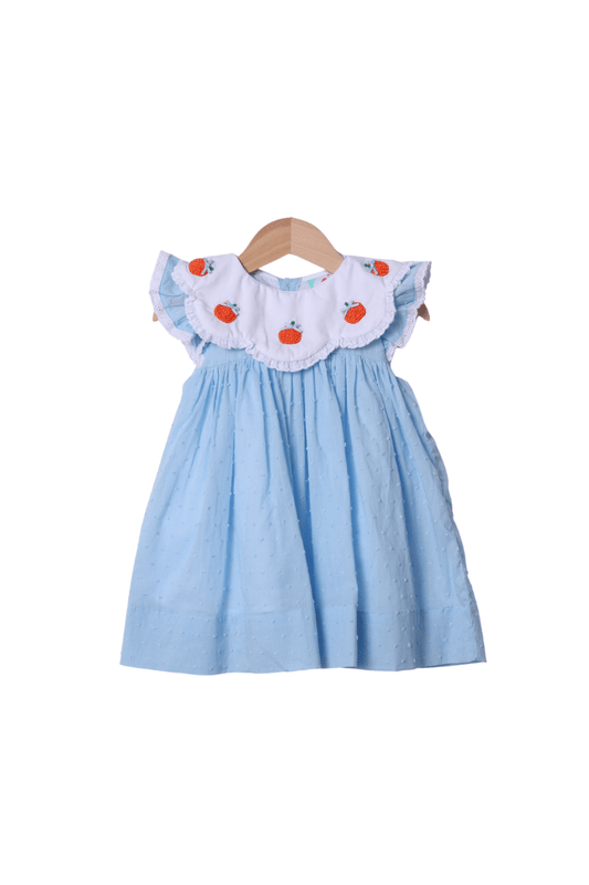 The Smocked Flamingo Apparel & Accessories French Knot Blue Scalloped Swiss Dot Pumpkin Dress