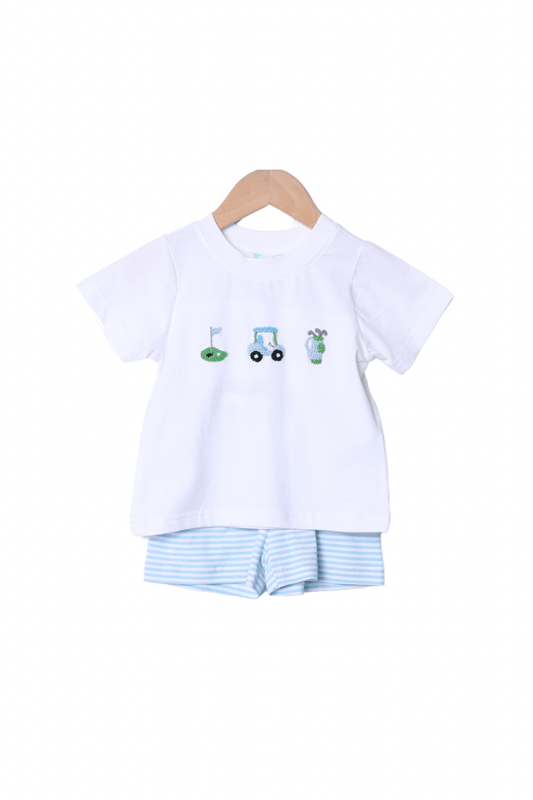 The Smocked Flamingo Apparel & Accessories French Knot Blue Stripe Golf Short Set