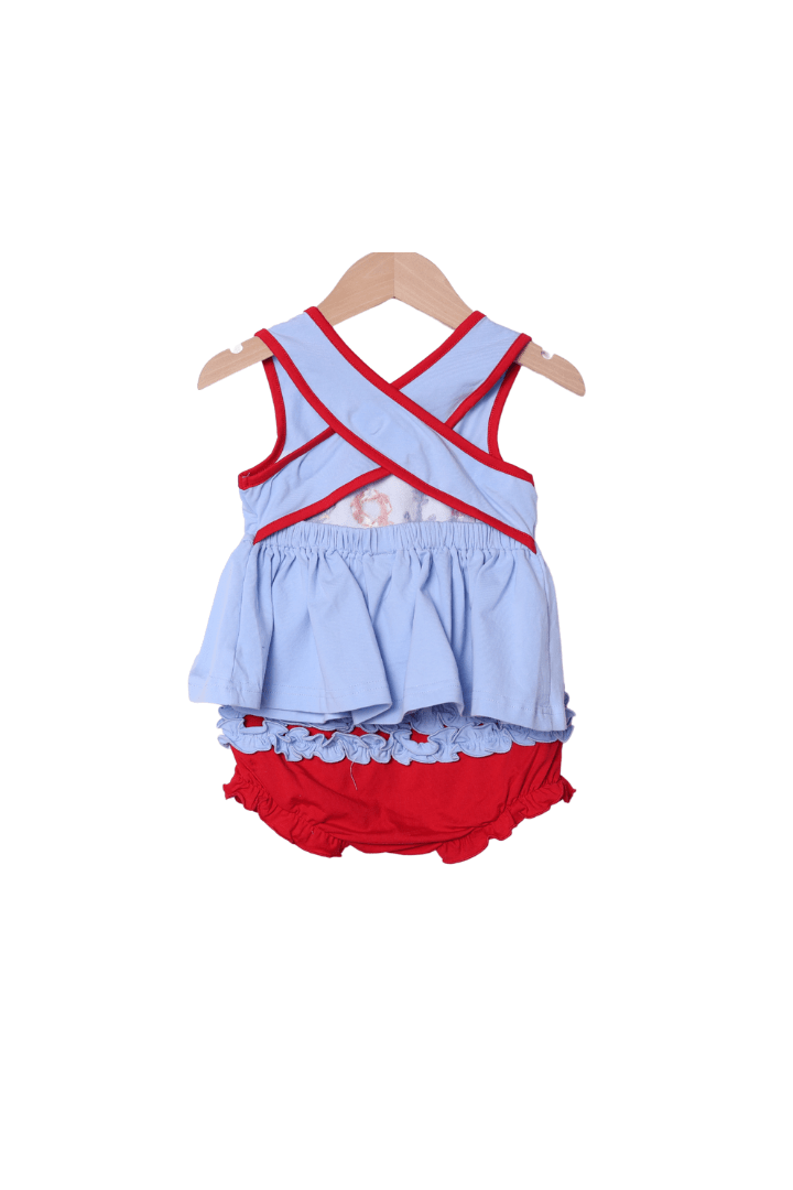 The Smocked Flamingo Apparel & Accessories French Knot Boat Captain Blue/Red Cross Back Bloomer Set