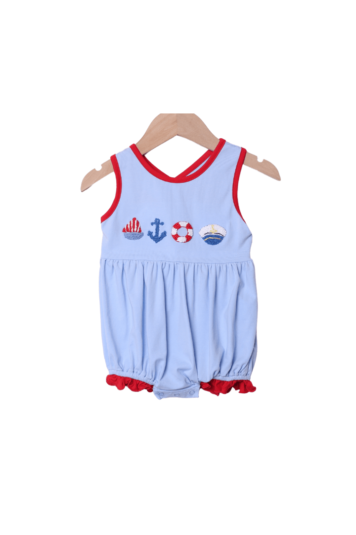 The Smocked Flamingo Apparel & Accessories French Knot Boat Captain Blue/Red Cross Back Bubble
