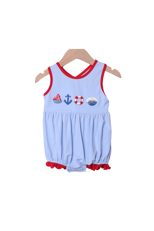 The Smocked Flamingo Apparel & Accessories French Knot Boat Captain Blue/Red Cross Back Bubble