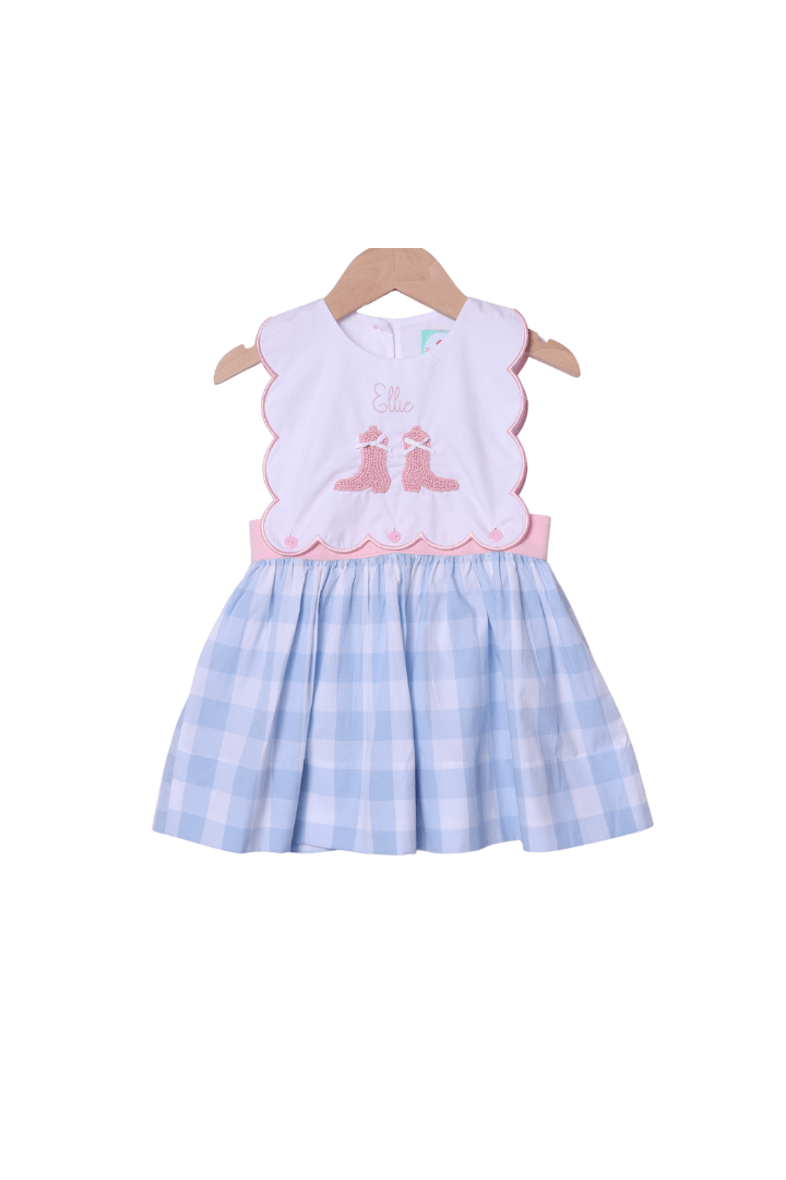 The Smocked Flamingo Apparel & Accessories French Knot Boots and Bow Blue Gingham Dress