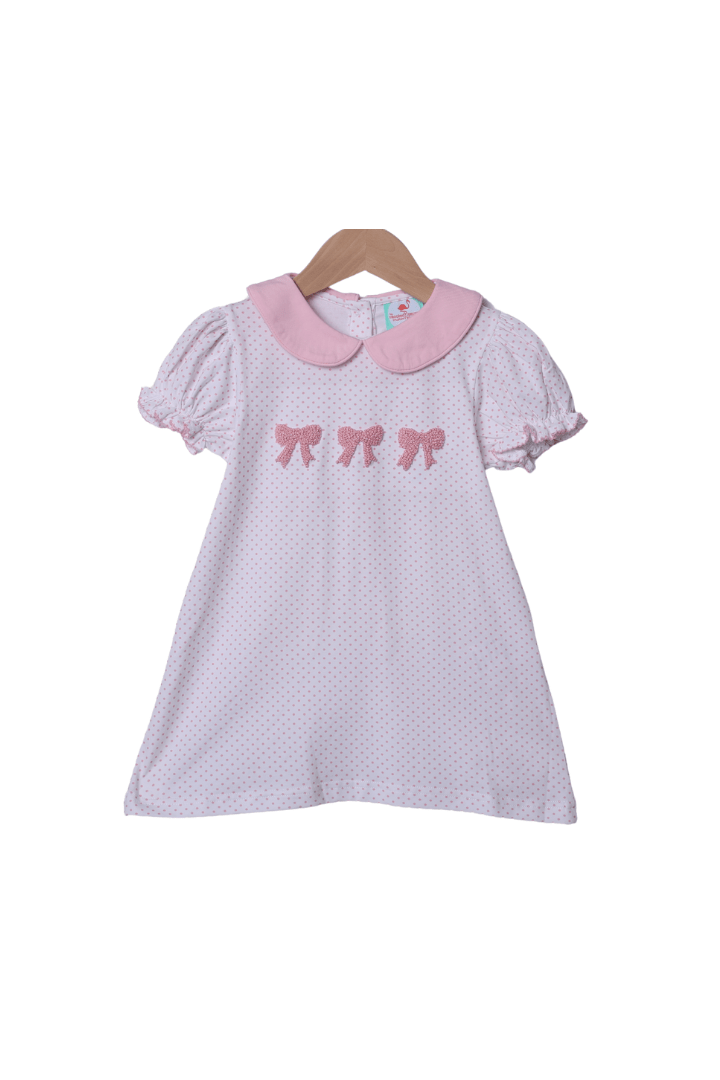 The Smocked Flamingo Apparel & Accessories French Knot Bow Pink Dot Dress