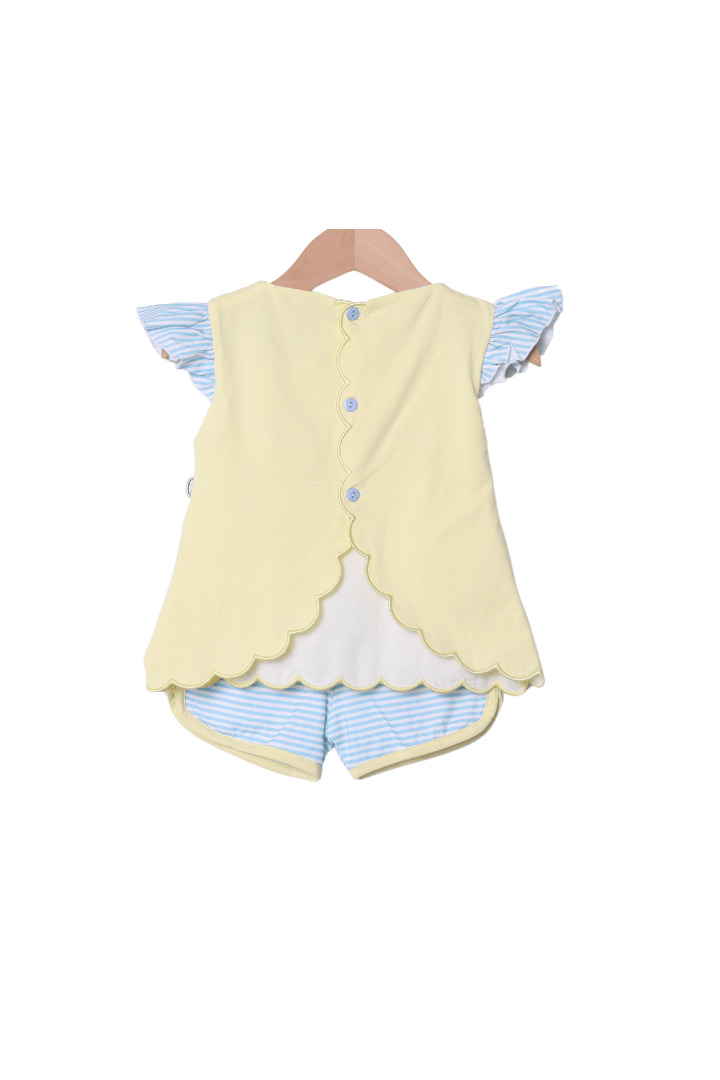 The Smocked Flamingo Apparel & Accessories French Knot Buoy Yellow/Blue Stripe Scalloped Short Set