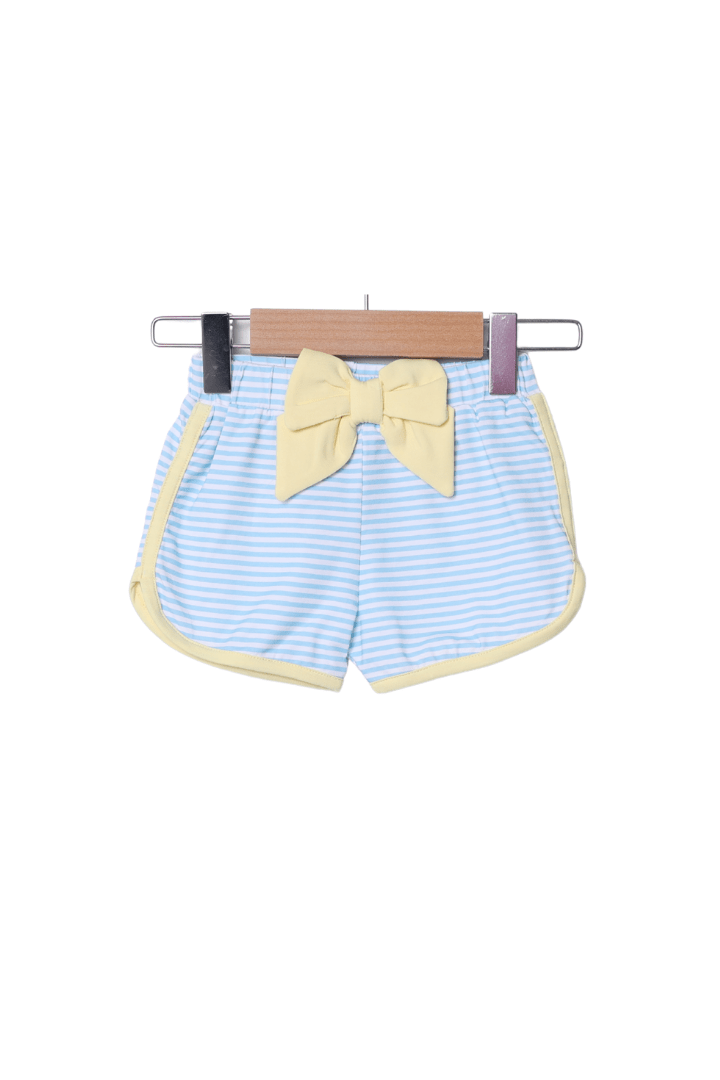 The Smocked Flamingo Apparel & Accessories French Knot Buoy Yellow/Blue Stripe Scalloped Short Set