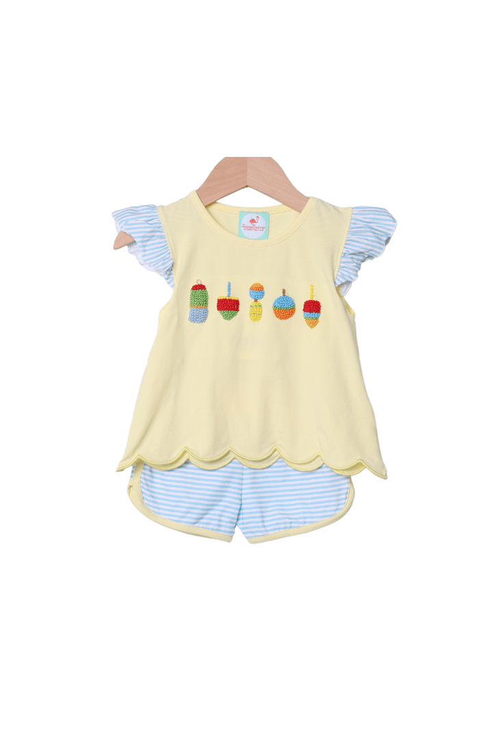 The Smocked Flamingo Apparel & Accessories French Knot Buoy Yellow/Blue Stripe Scalloped Short Set