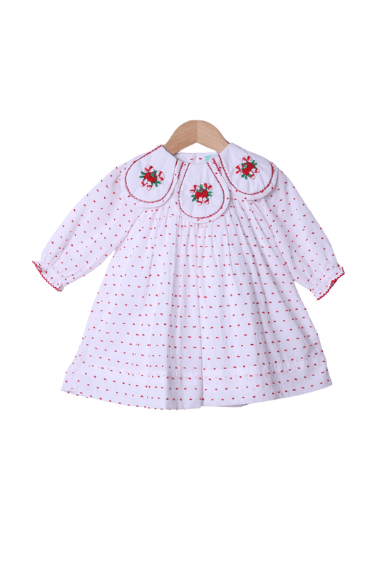 The Smocked Flamingo Apparel & Accessories French Knot Candy Cane Swiss Dot Tulip Dress
