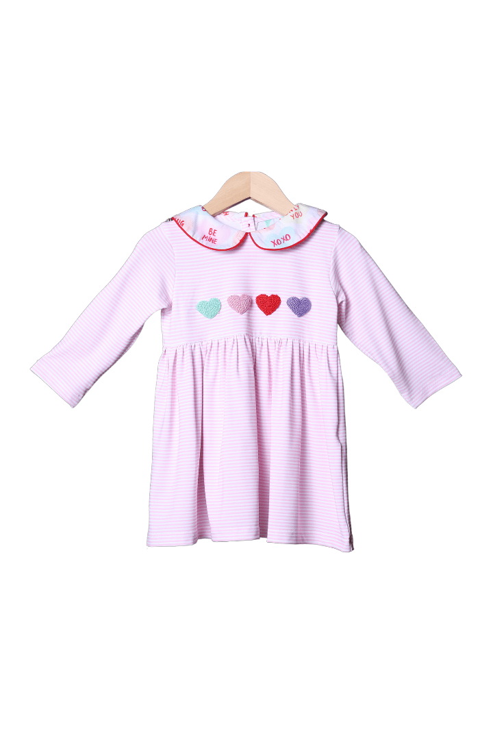 The Smocked Flamingo Apparel & Accessories French Knot Candy Heart Pink Stripe Dress