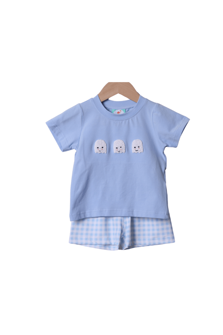 The Smocked Flamingo Apparel & Accessories French Knot Ghost Blue Gingham Short Set