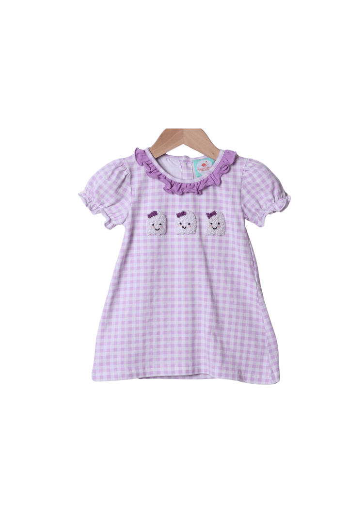 The Smocked Flamingo Apparel & Accessories French Knot Ghost Lavender Gingham Dress