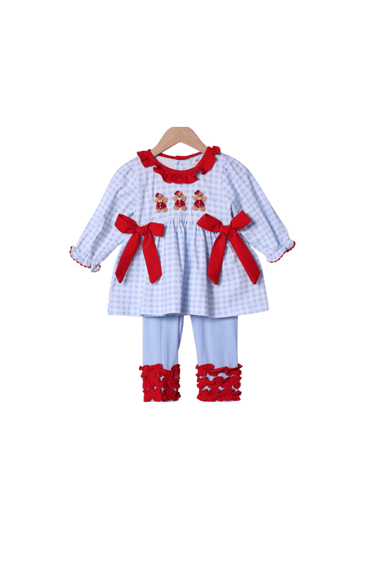 The Smocked Flamingo Apparel & Accessories French Knot Gingerbread Blue Gingham Ruffle Pant Set