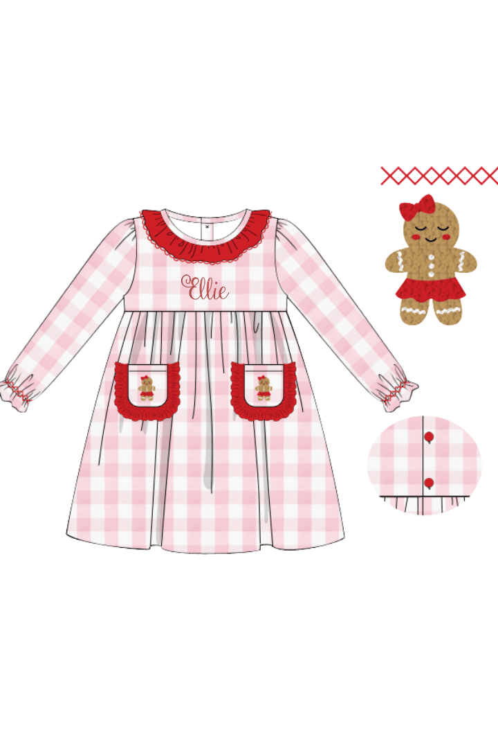 The Smocked Flamingo Apparel & Accessories French Knot Gingerbread Pink Gingham Red Ruffle Dress