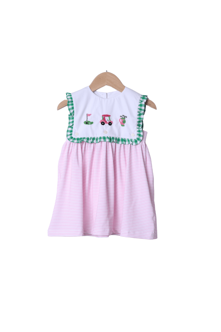 The Smocked Flamingo Apparel & Accessories French Knot Golf Pink Stripe Gingham Dress