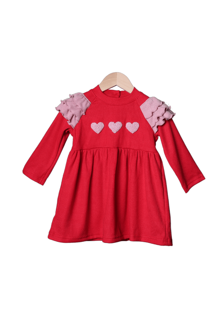 The Smocked Flamingo Apparel & Accessories French Knot Heart Red and Pink Cardigan Ruffle Dress