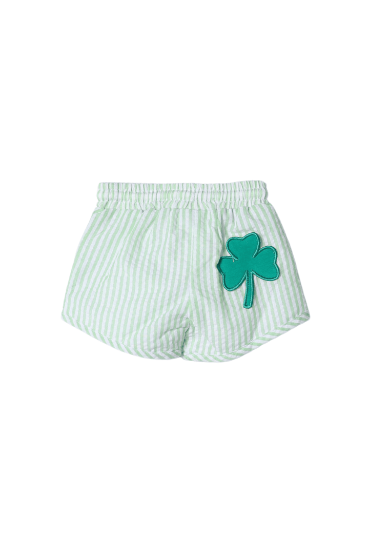 The Smocked Flamingo Apparel & Accessories French Knot Lucky Clover Green Seersucker Short Set