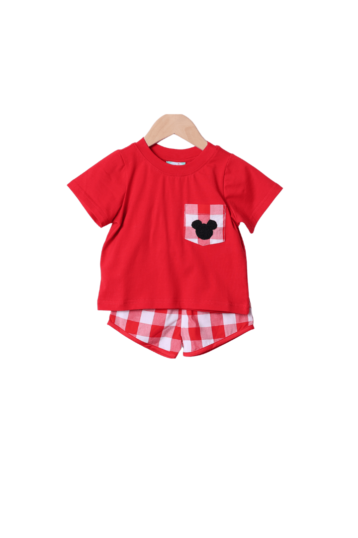 The Smocked Flamingo Apparel & Accessories French Knot Mouse Red Gingham Short Set